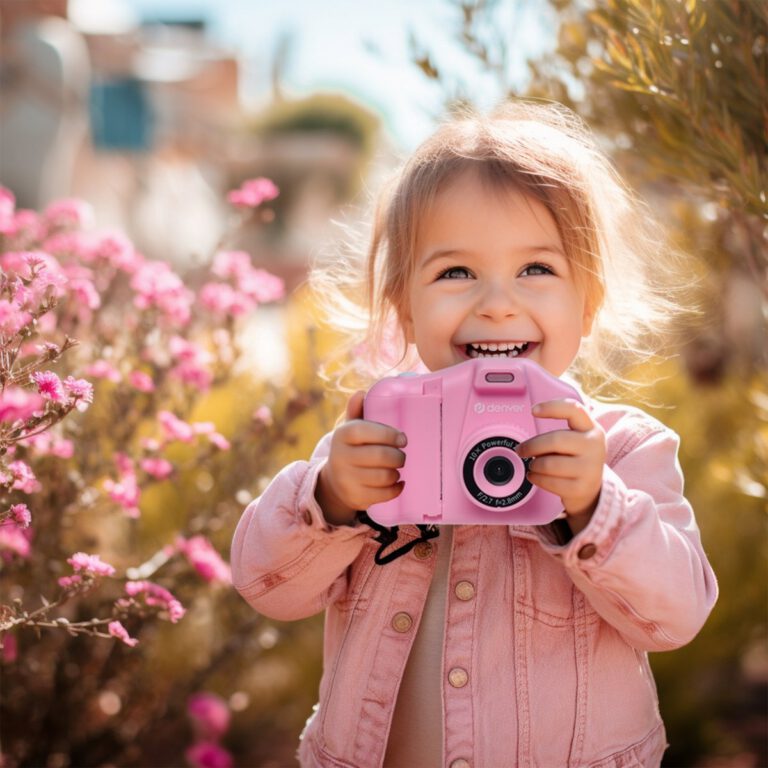 Meisje staat met roze kinder fototoestel in haar hand