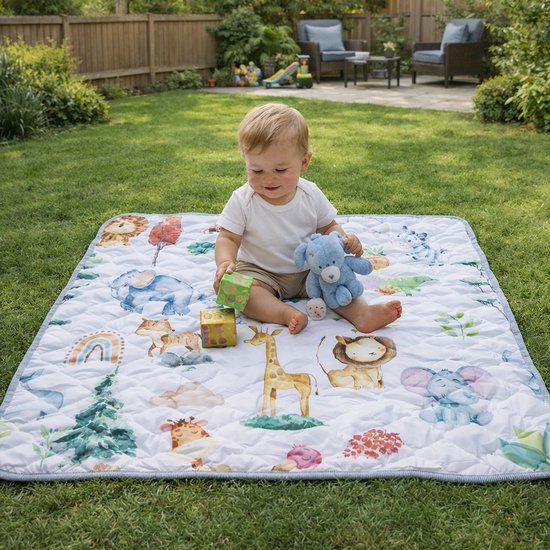 Buitenspeelgoed voor een baby baby op een speelkleed buiten
